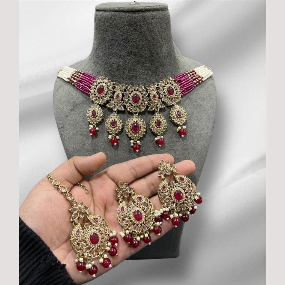 Crystal Stone and Pearl Necklace in 14K Gold Plated | Bridal Jewellery India