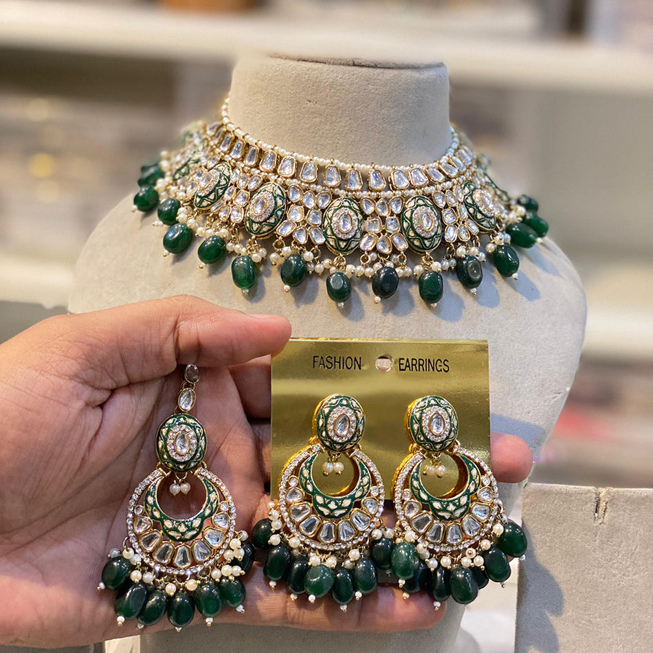 Kundan Necklace in Silver with Meenakari Beads | Bridal Jewellery India