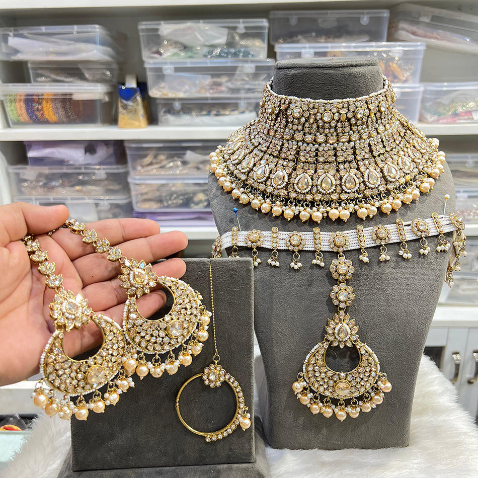 Crystal Pearl Necklace in White Gold Plated | Bridal Jewellery India