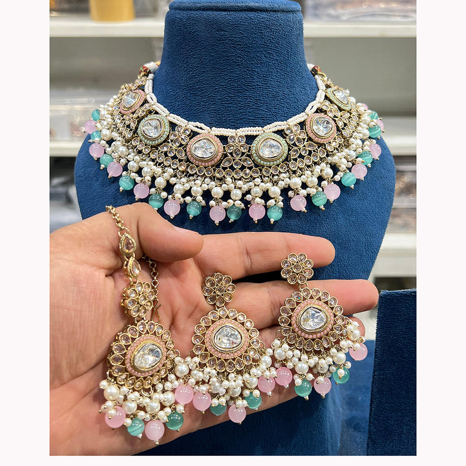 Kundan Pearl Necklace Set in White Gold Plated | Bridal Jewellery India