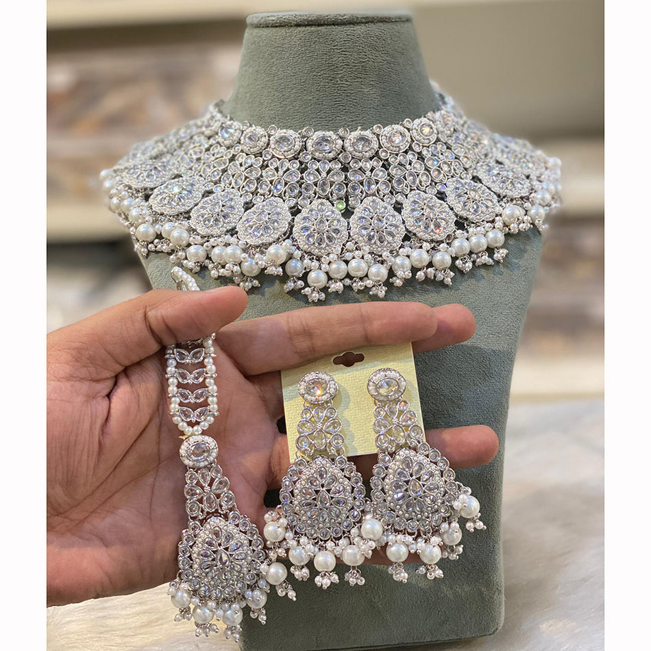 Designer Crystal Pearl Choker Necklace Set in Gold Tone | Bridal Jewellery India