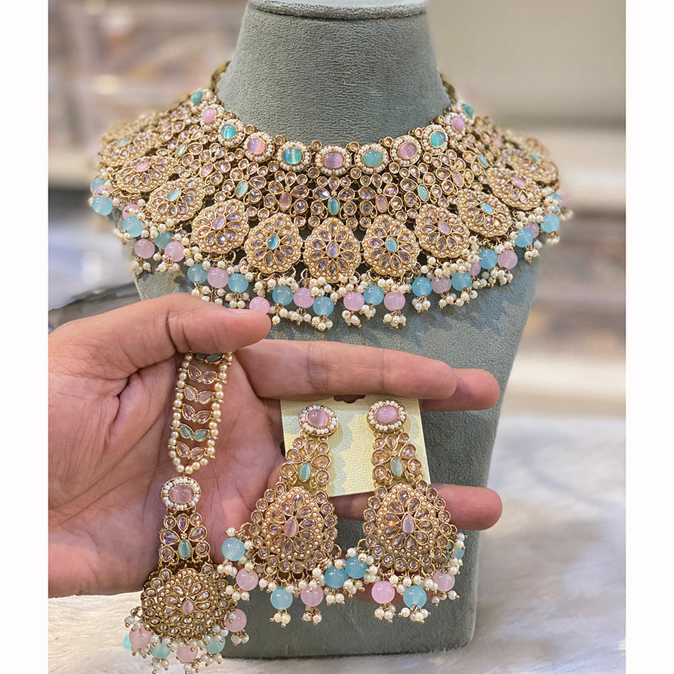 Crystal Stone and Pearl Choker in Gold Tone | Bridal Jewellery India