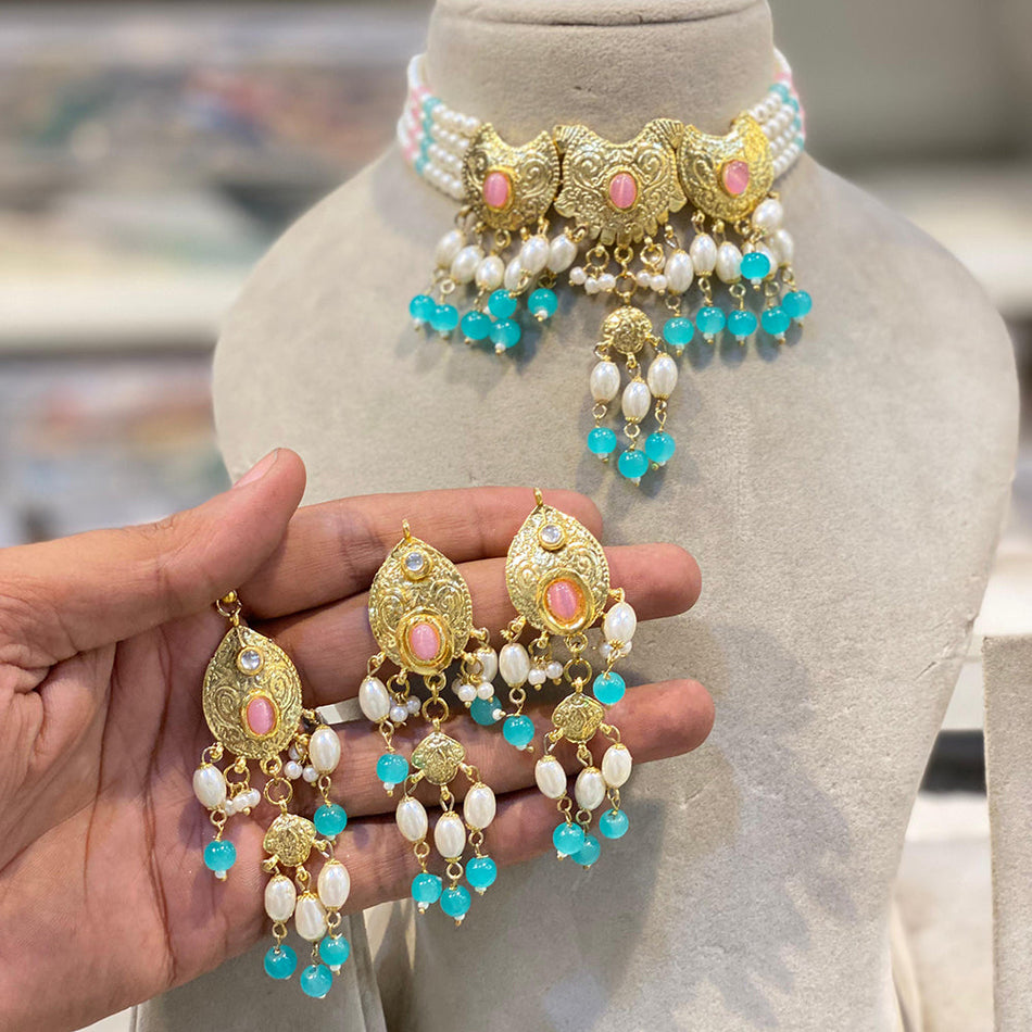 Pearl Beadwork Necklace in Rose Gold Plated | Bridal Jewellery India