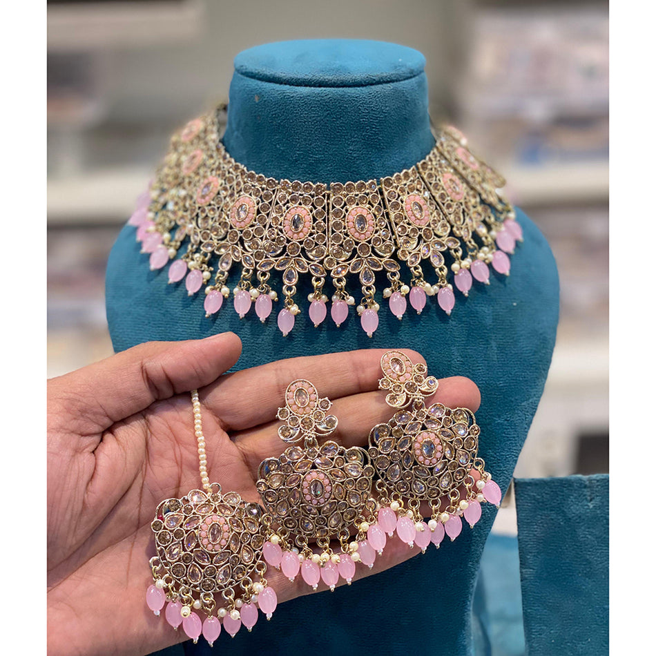 Crystal Stone Maang Tikka Necklace Set in Gold Tone | Bridal Jewellery India