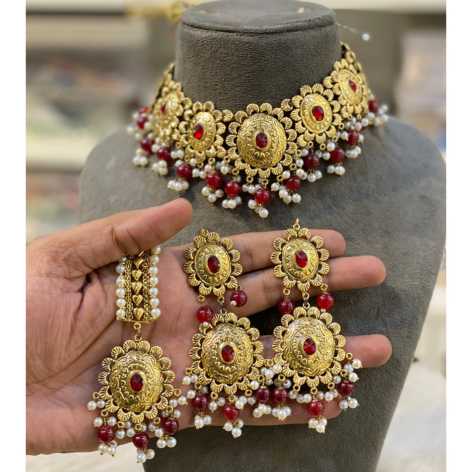 Crystal Stone and Beads Necklace in Gold Tone for Occasion | Bridal Jewellery India