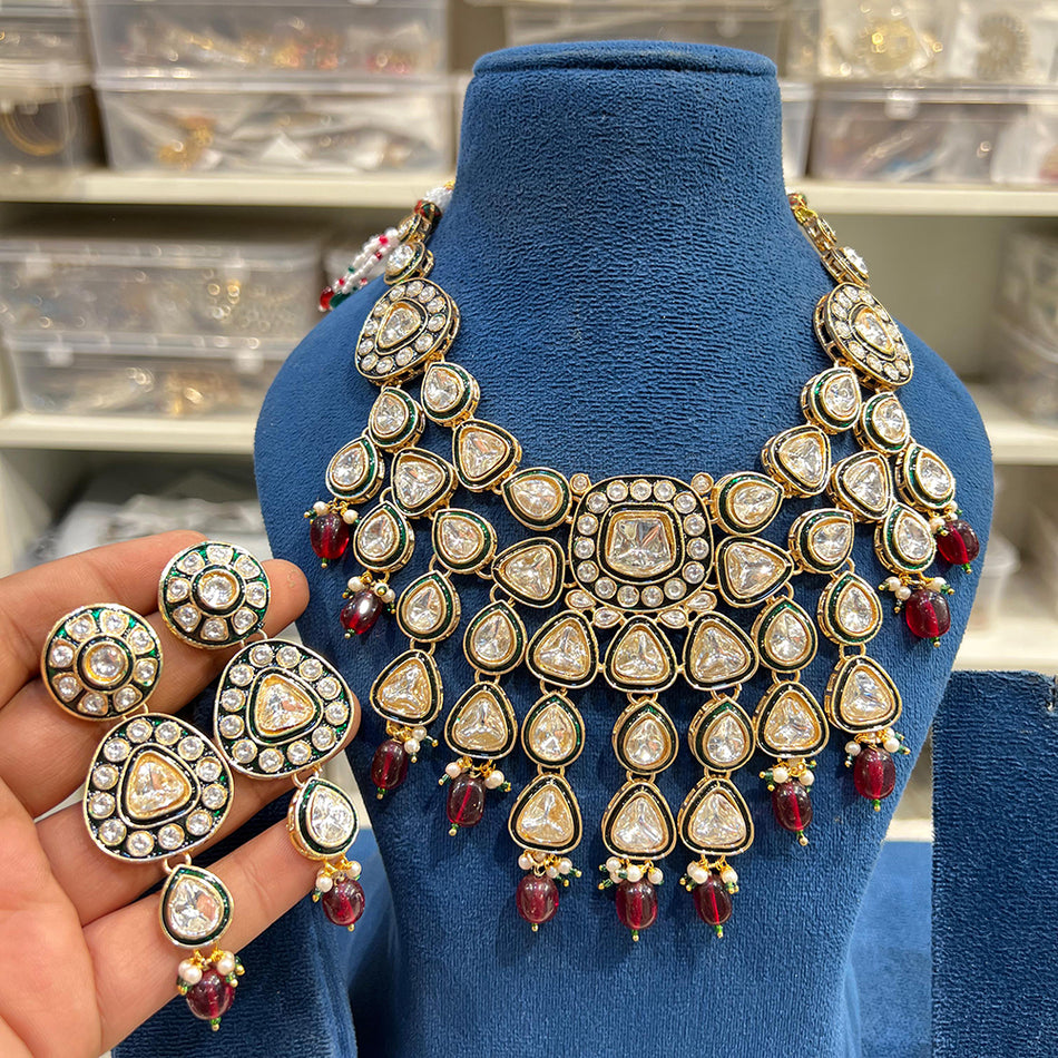 Crystal Stone Necklace in Oxidised Silver | Bridal Jewellery India