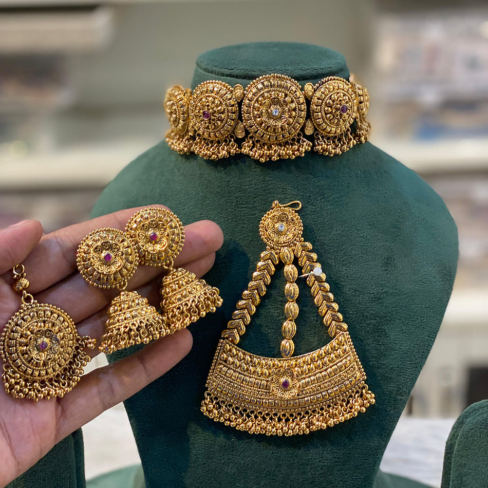Gold Plated Earrings with Maang Tikta and Pasa | Bridal Jewellery India