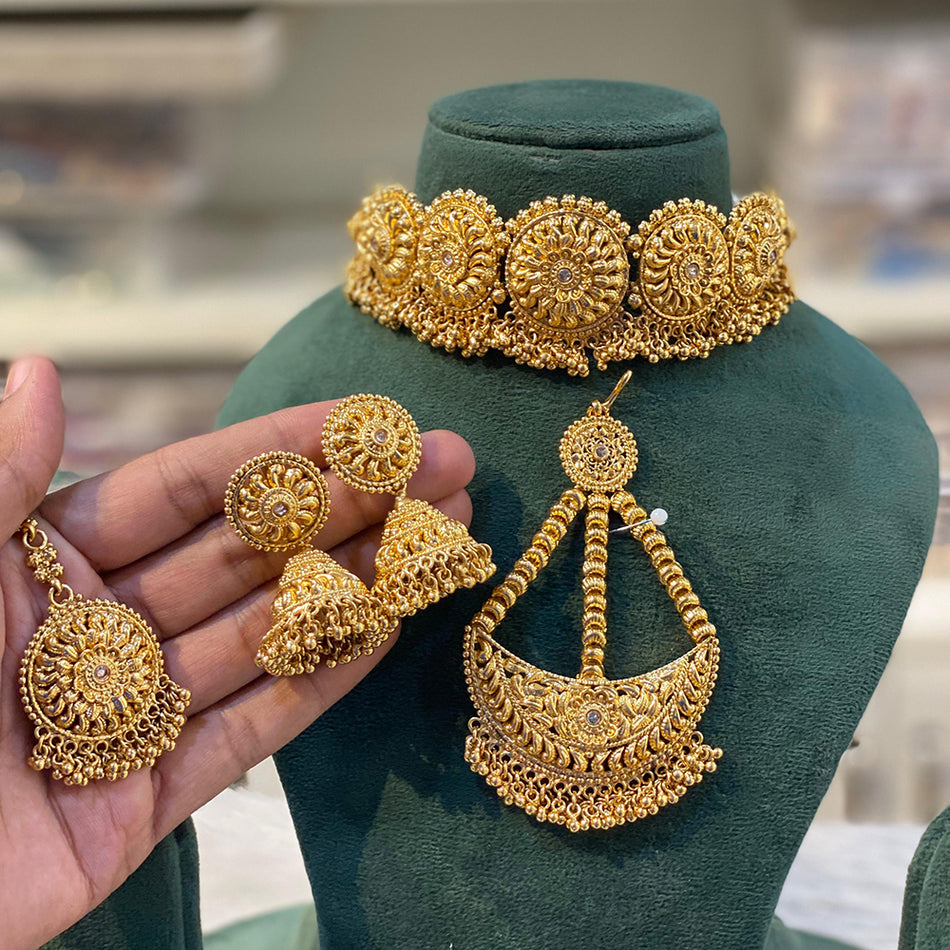 Gold Plated Earrings with Maang Tikka and Pasa | Bridal Jewellery India