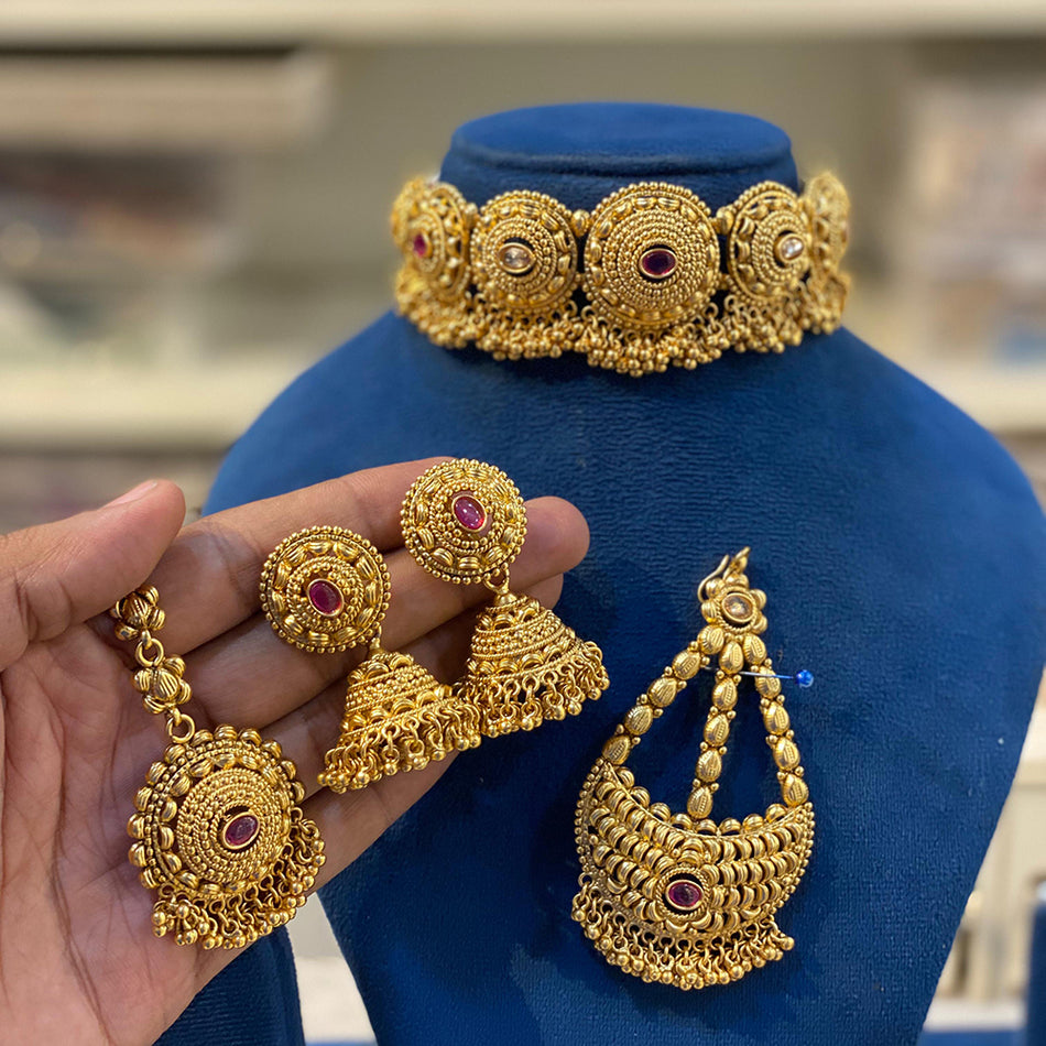 Gold Plated Necklace Set with Maang Tikka for Bridal Wear | Bridal Jewellery India