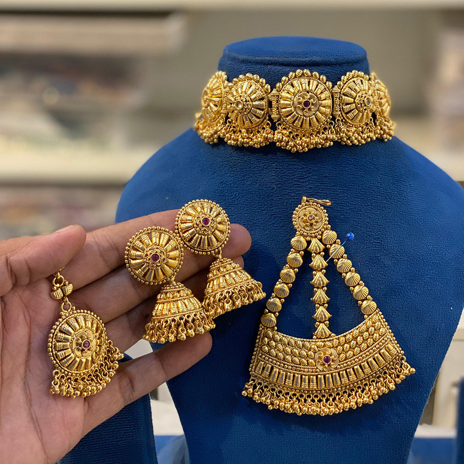 Gold Plated Necklace Set with Maang Tikka | Bridal Jewellery India