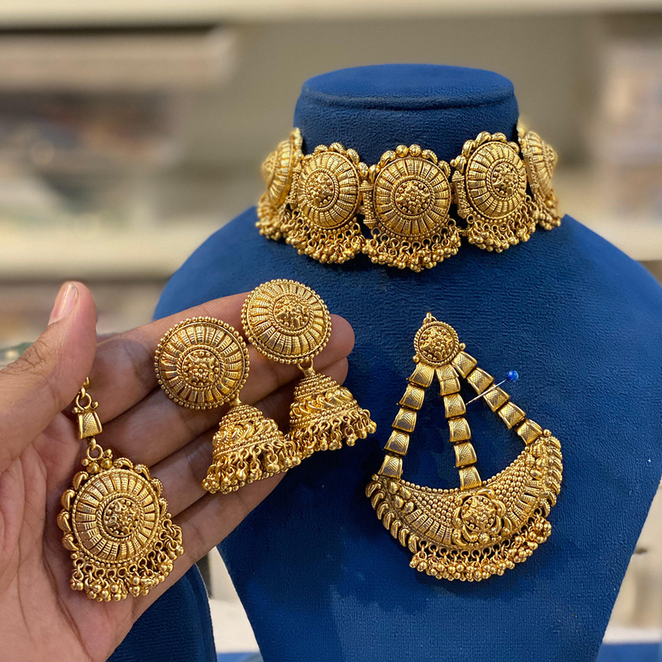 Rose Gold Plated Necklace Set with Maang Tikka and Pasa | Bridal Jewellery India