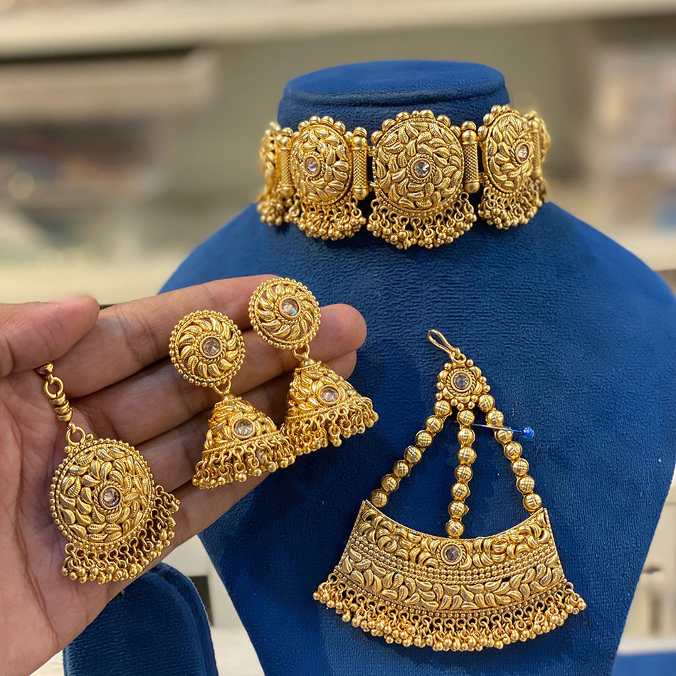 Gold Plated Necklace Set with Maang Tikka for Bridal Wear | Bridal Jewellery India