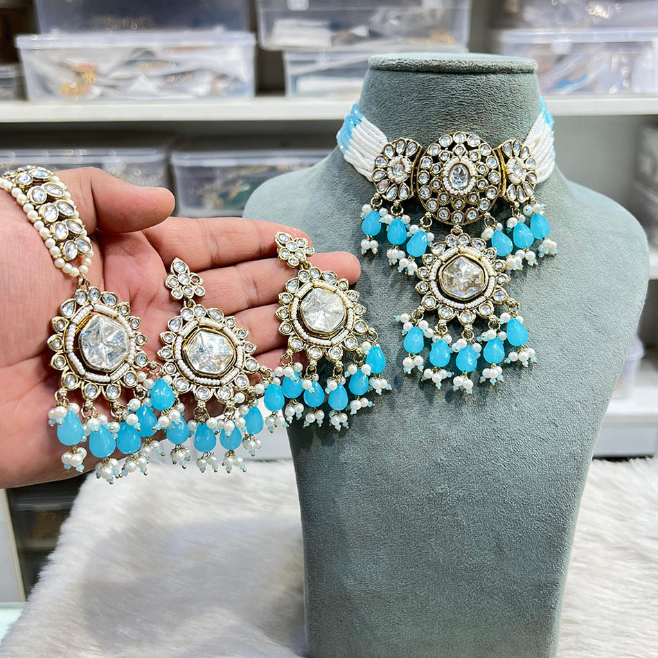 Kundan Choker Necklace in White Gold Plated | Bridal Jewellery India