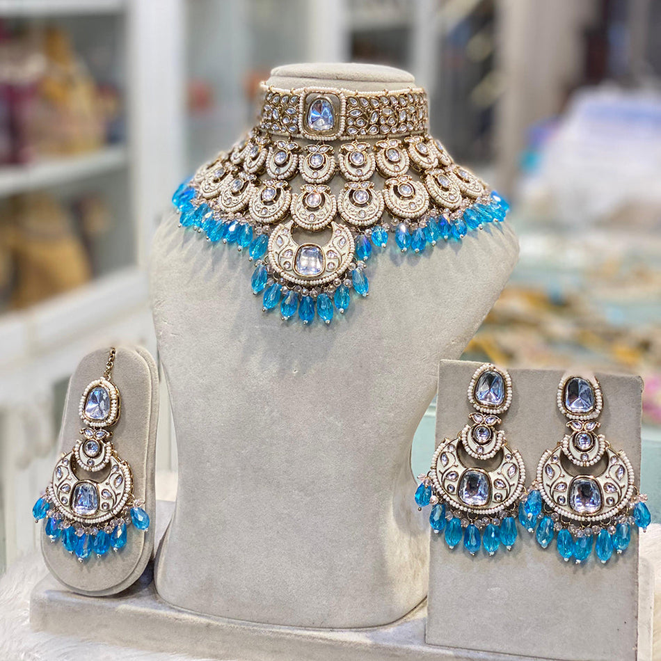 Kundan Choker Necklace in White Gold Plated | Bridal Jewellery India
