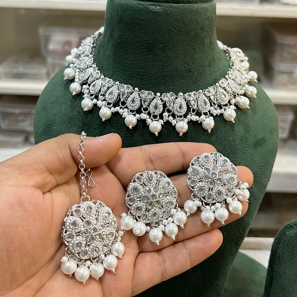 Royal Crystal Necklace in Silver | Bridal Jewellery India