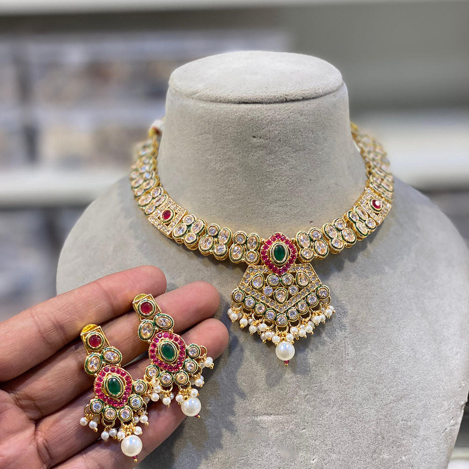 Royal Crystal Necklace in Gold Plated with Pearls | Bridal Jewellery India