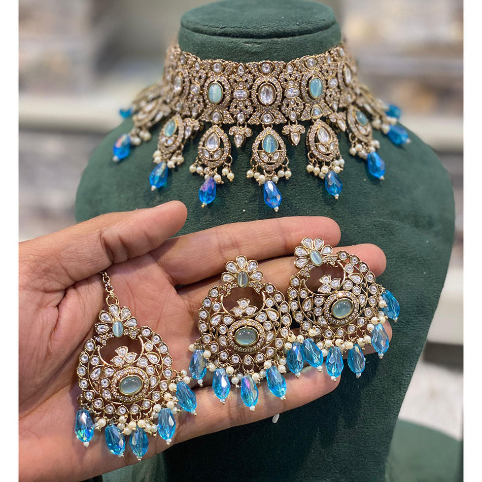 Kundan Choker Necklace in Gold Plated with Pearl Beads | Bridal Jewellery India