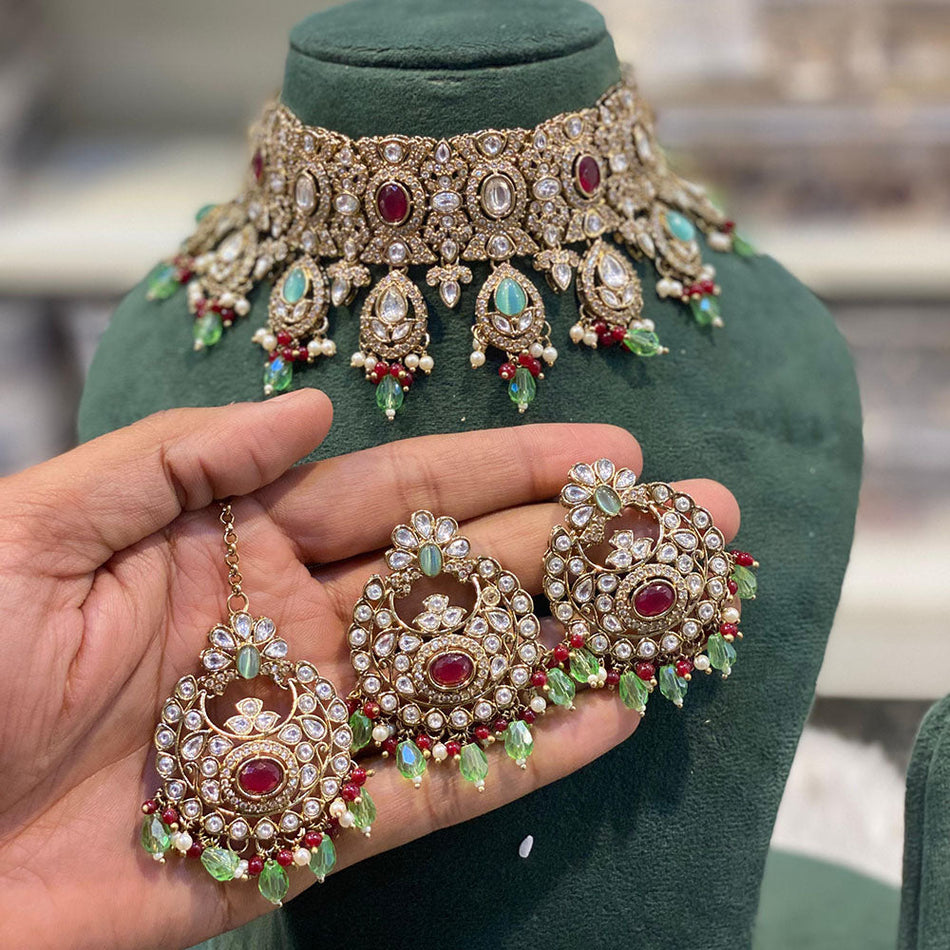 Kundan Choker Necklace in Gold Plated with Pearl and Beads | Bridal Jewellery India