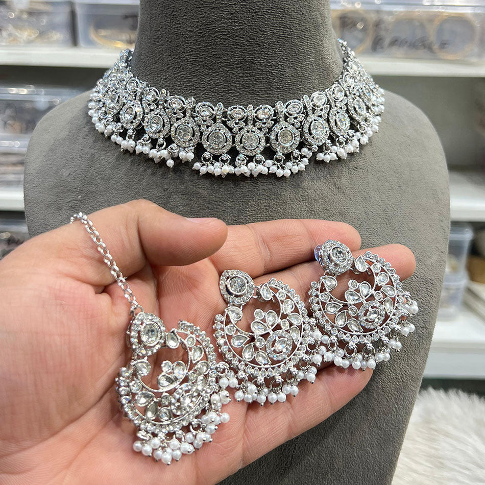 Crystal Stone and Pearl Choker Necklace Set in Gold Tone | Bridal Jewellery India