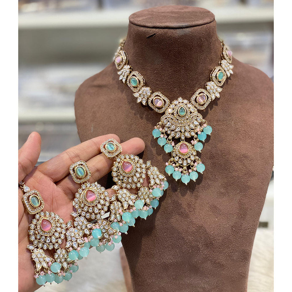 Pota Stone   Pearl Necklace in Rose Gold Plated | Bridal Jewellery India