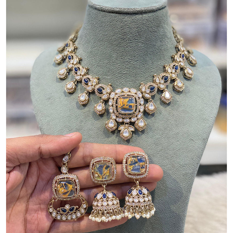 Glorious Druzy Crystal Pearl Necklace in Gold Tone | Bridal Jewellery India