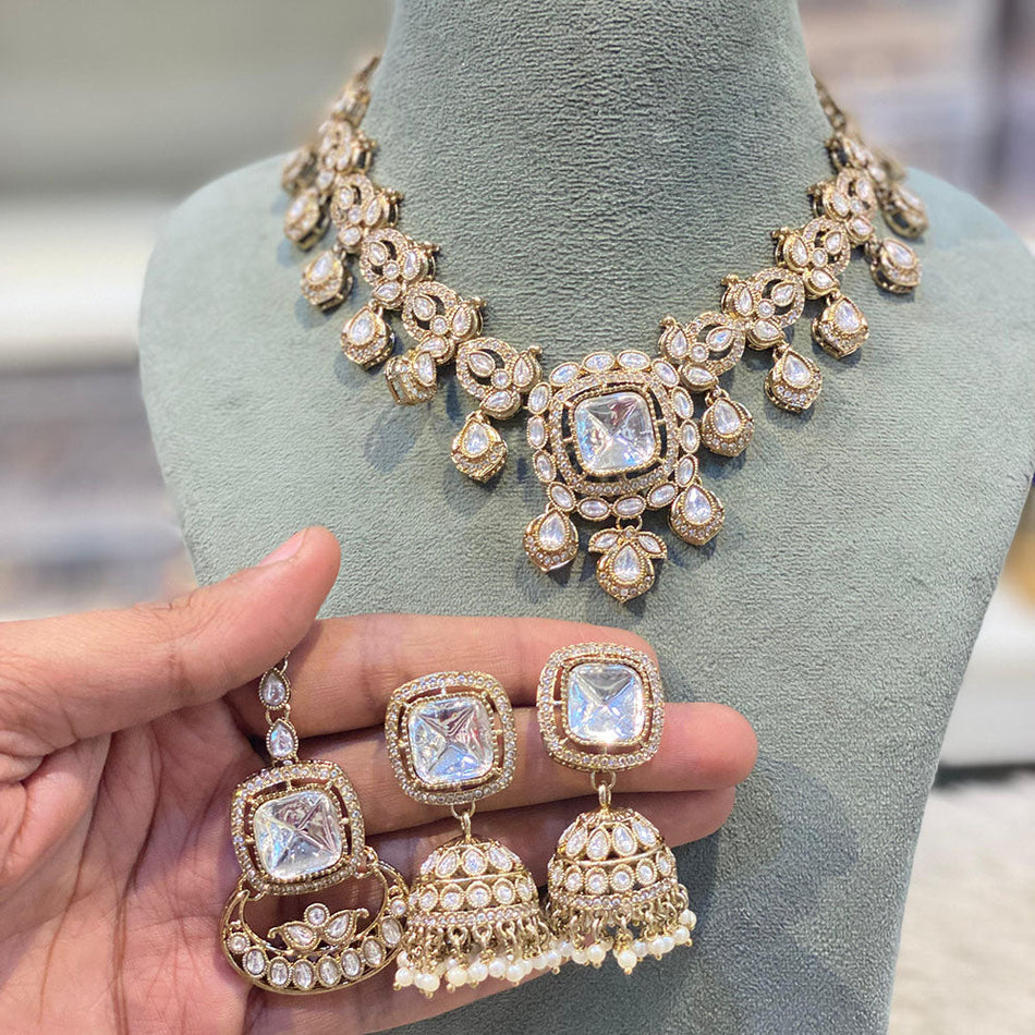 Elegant Pota Stone and Pearl Necklace in Rose Gold Plated | Bridal Jewellery India
