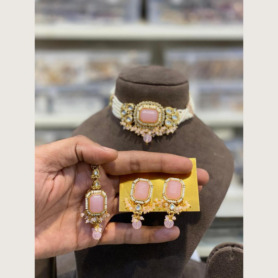 Pota Stone Pearl Choker in  Gold Plated | Bridal Jewellery India