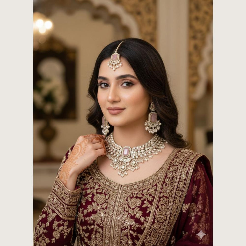Pota Stone   Austrian Stone Necklace in Gold Tone | Bridal Jewellery India