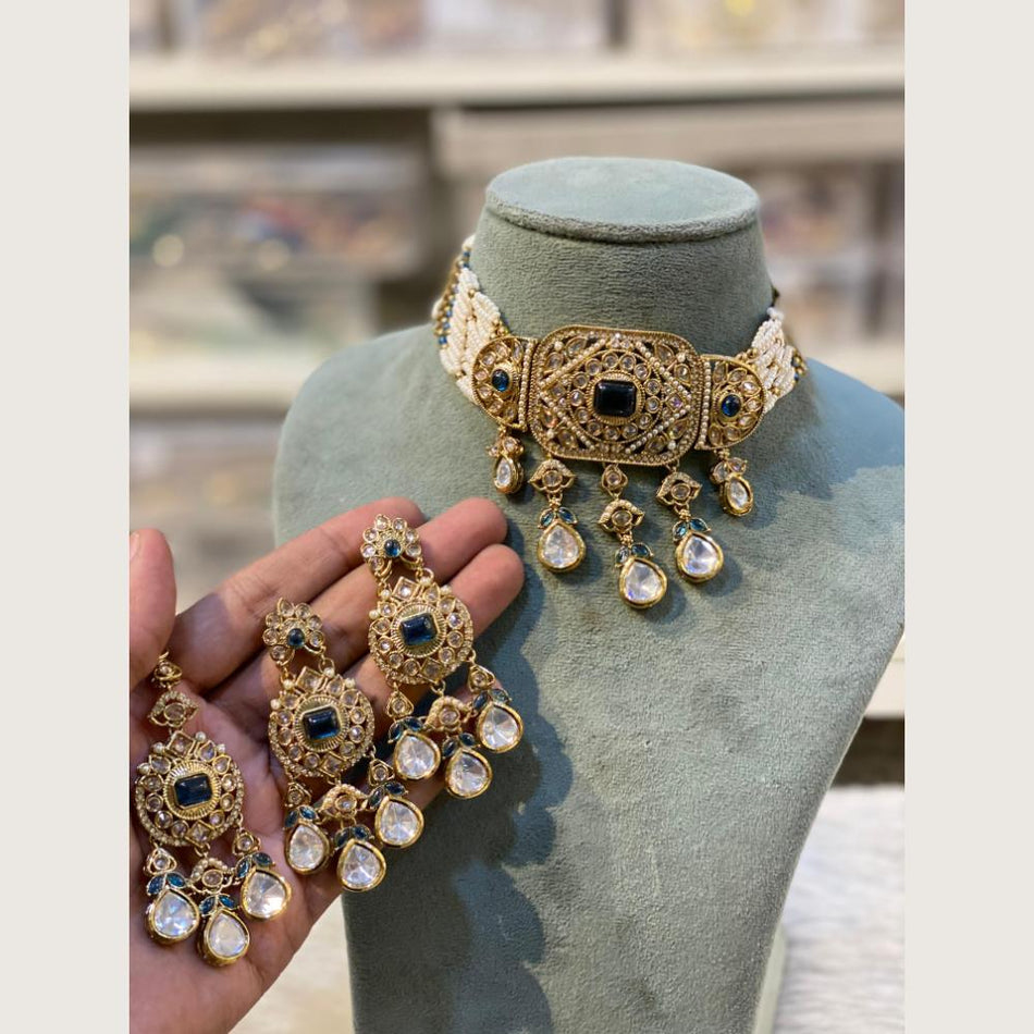 Crystal Stone Choker Necklace in Oxidised Silver | Bridal Jewellery India