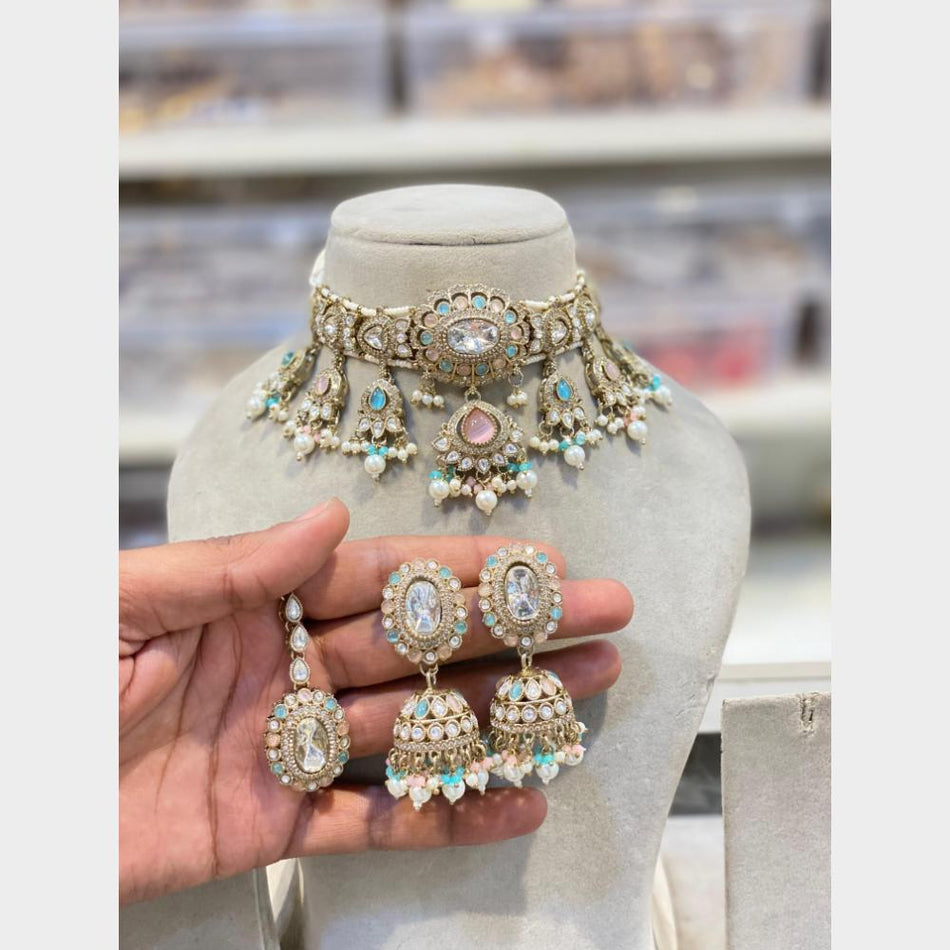 Pota Stone and Pearl Choker in Sterling Silver | Bridal Jewellery India