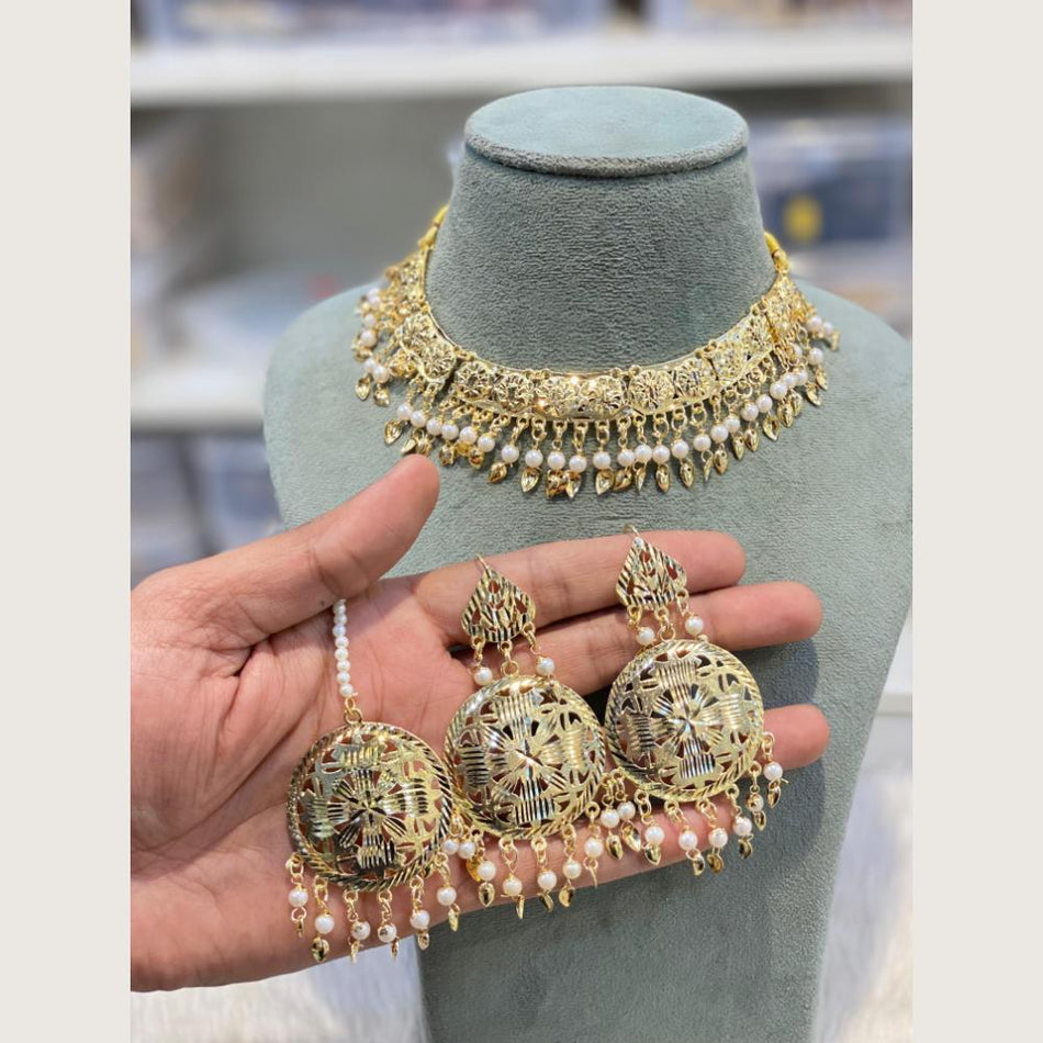 Round Pearl Necklace in Designer Gold Plated | Bridal Jewellery India