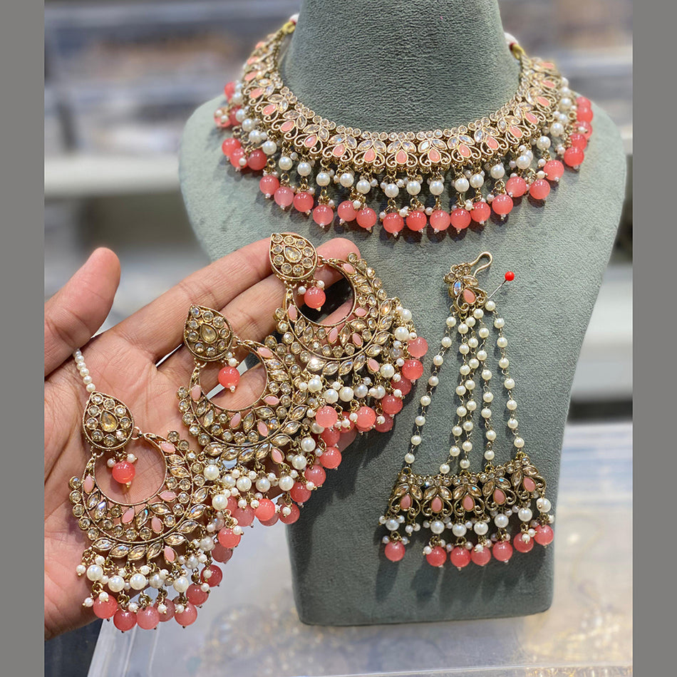 Crystal Stone Pearl Choker in Gold Plated | Bridal Jewellery India