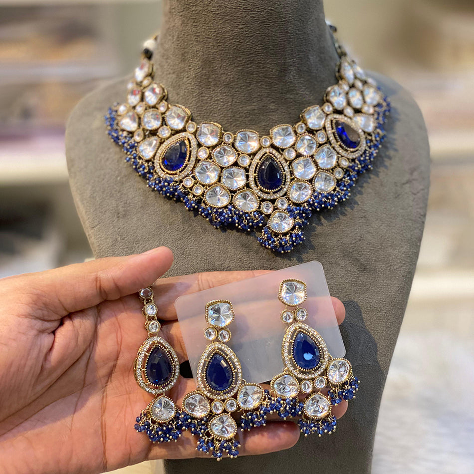 Rose Gold Plated Crystal Pearl Choker Necklace Set | Bridal Jewellery India
