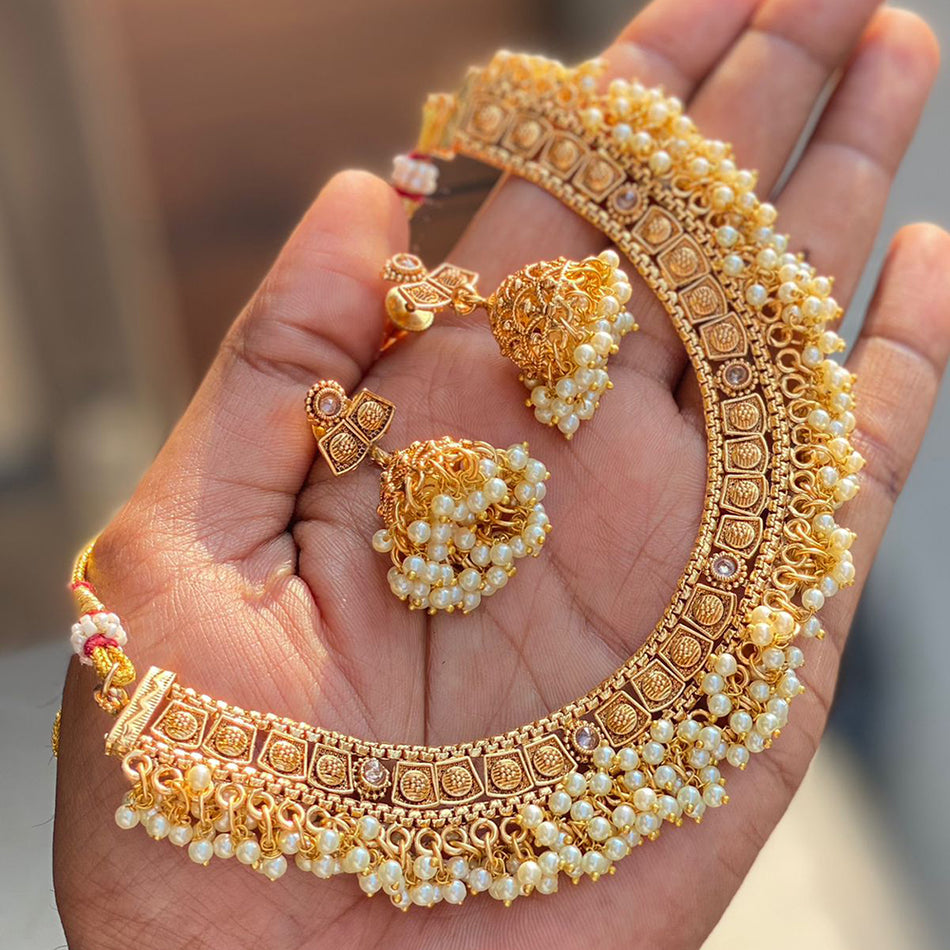 Glamorous Crystal Pearl Necklace Set in Sterling Silver | Bridal Jewellery India