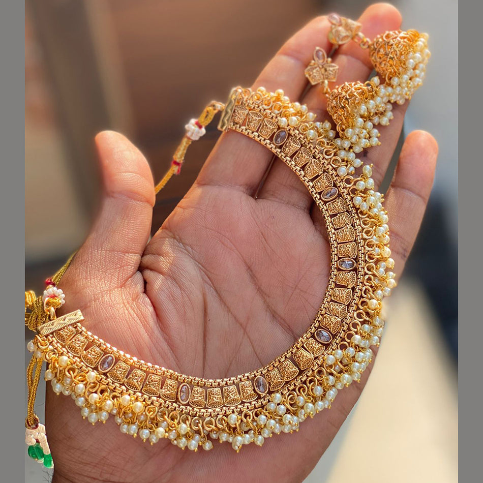 Glamorous Crystal Pearl Necklace in Gold Tone | Bridal Jewellery India