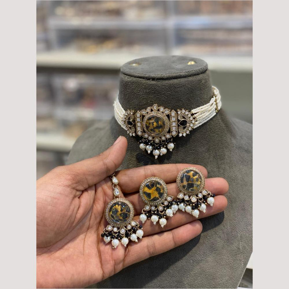 Glorious Druzy Crystal Pearl Choker in Gold Plated | Bridal Jewellery India