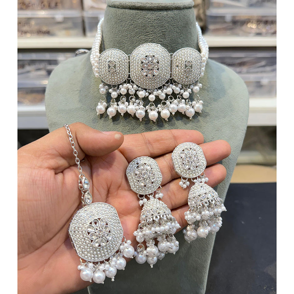 Crystal Stone Choker Necklace in Oxidised Silver | Bridal Jewellery India