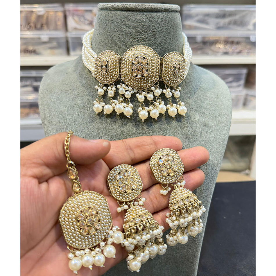 Crystal Stone Choker Necklace in Oxidised Silver | Bridal Jewellery India