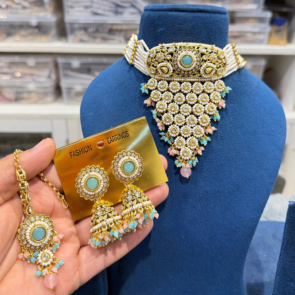 Pota Stone Pearl Choker in Gold Tone | Bridal Jewellery India