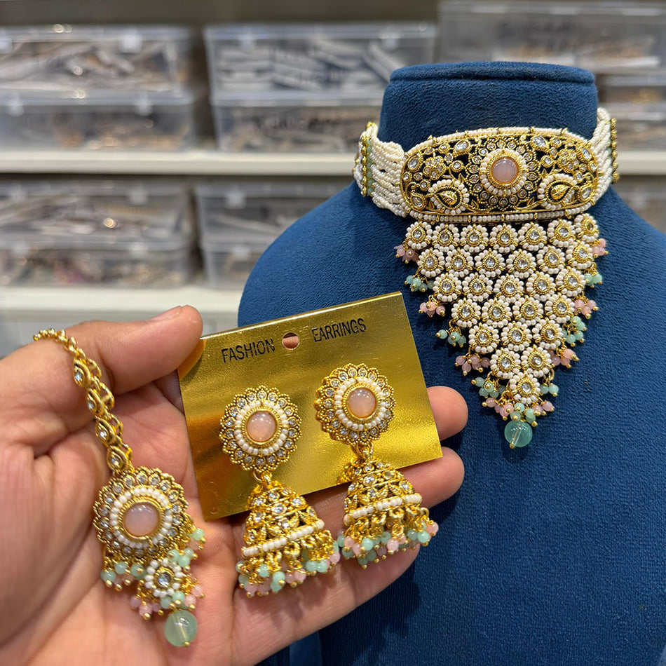 Pota Stone Choker Necklace in Gold Tone | Bridal Jewellery India