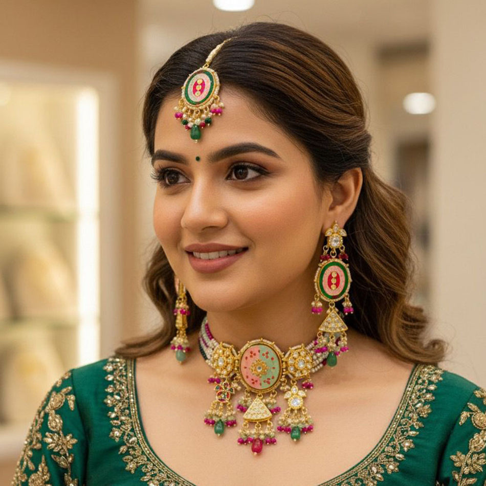 Kundan Choker Necklace in Gold Plated with Beads | Bridal Jewellery India