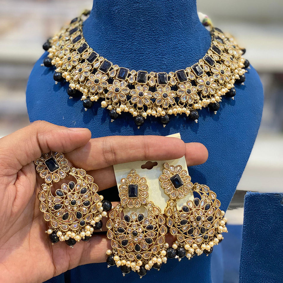 Crystal Stone Choker Necklace in Oxidised Silver | Bridal Jewellery India