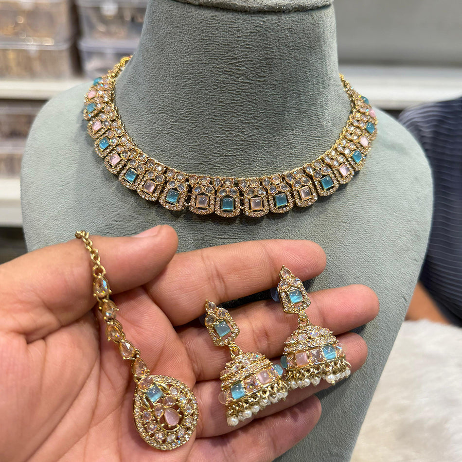 Rose Gold Plated Traditional Crystal Pearl Necklace Set | Bridal Jewellery India