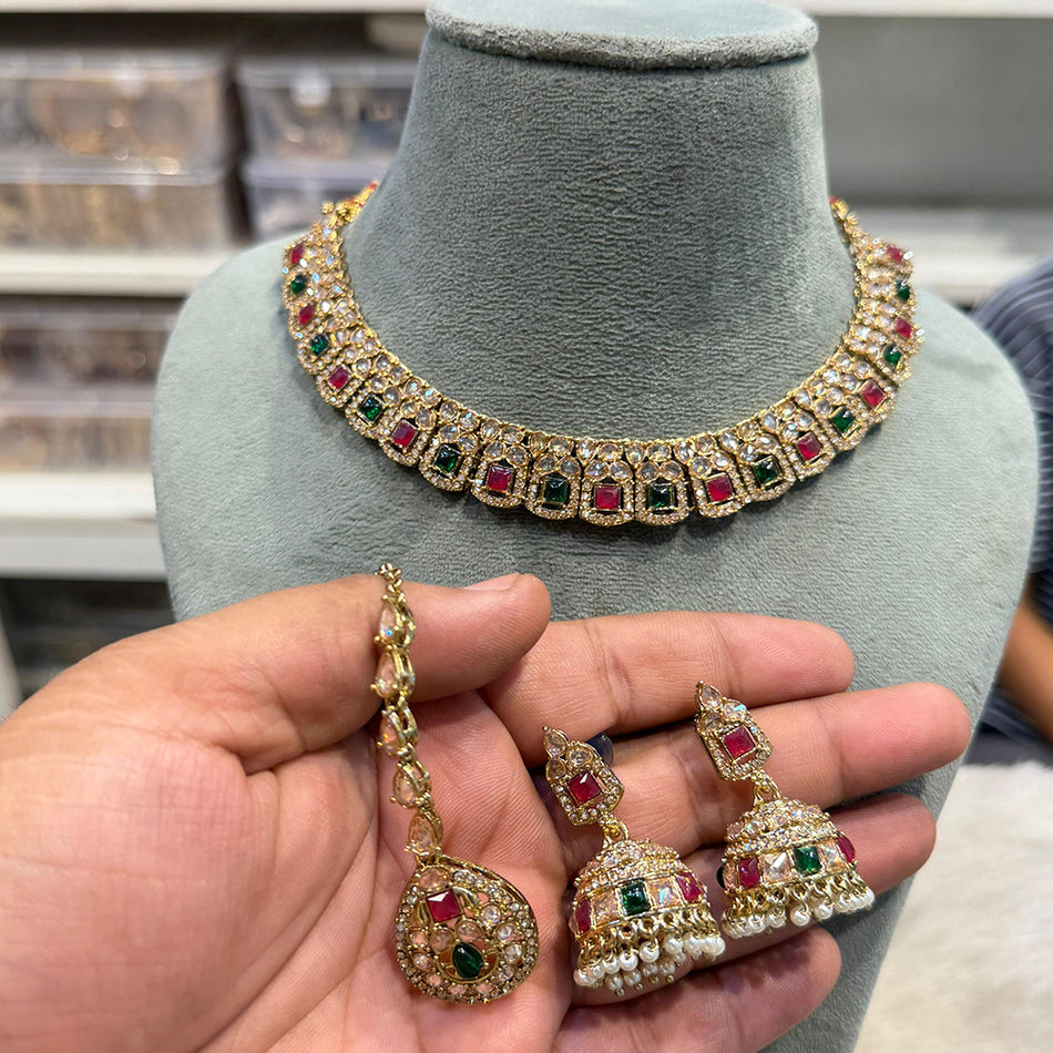 Rose Gold Plated Traditional Crystal Pearl Necklace Set | Bridal Jewellery India