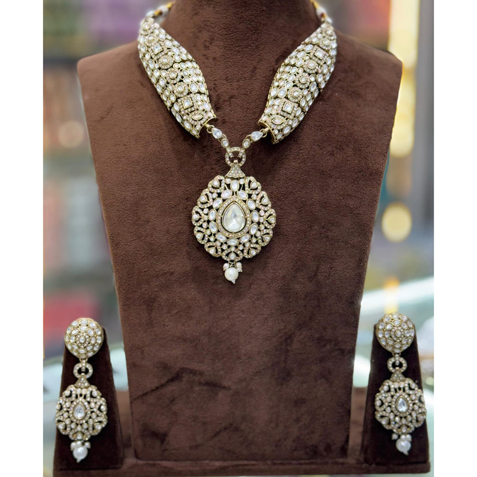 Crystal Stone and Pearl Necklace in Sterling Silver | Bridal Jewellery India