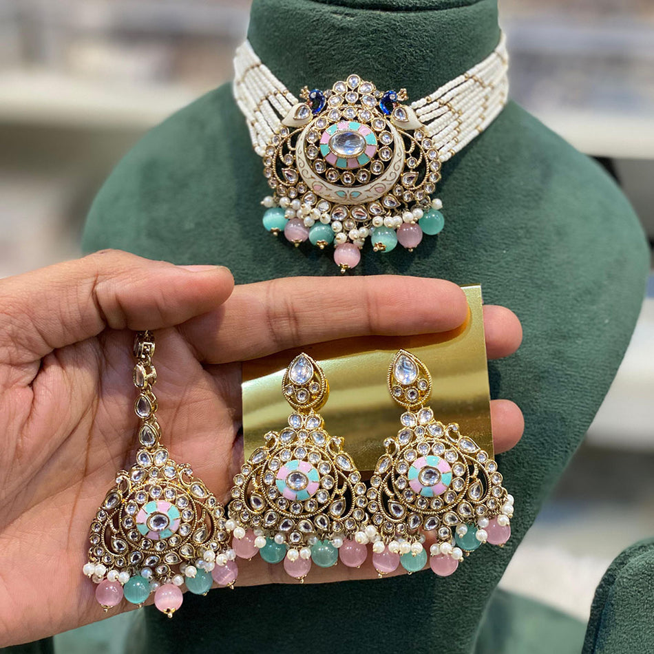 Kundan Choker Necklace in Gold Plated with Pearl Beads | Bridal Jewellery India