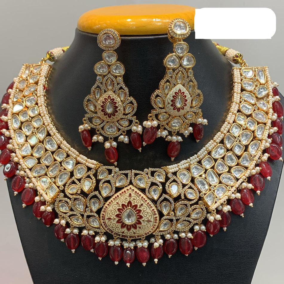 Kundan Necklace in Gold Plated with Pearls and Flowers | Bridal Jewellery India