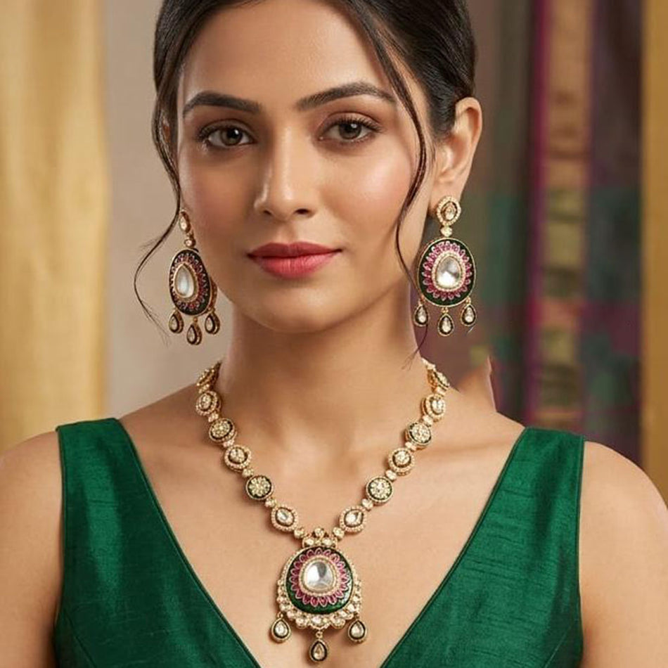 Kundan Necklace in Gold Plated with Polki Stones | Bridal Jewellery India