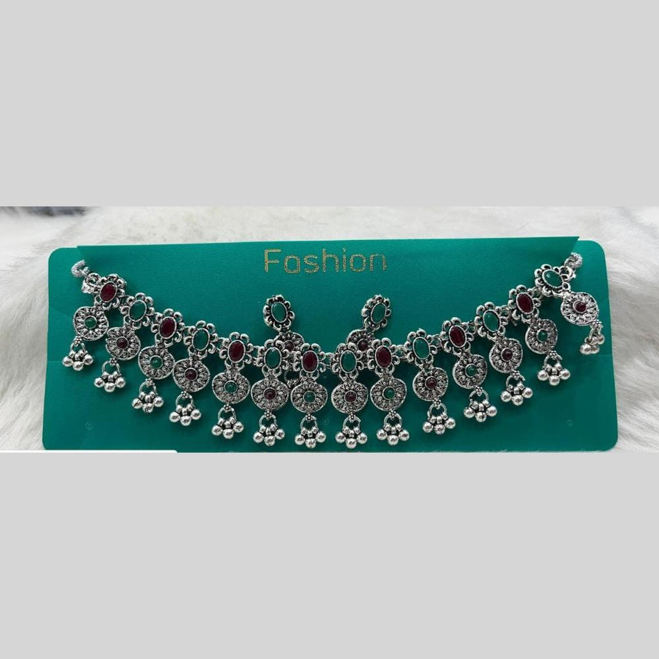 Oxidised Silver Pota Stone and Pearl Necklace Set | Bridal Jewellery India