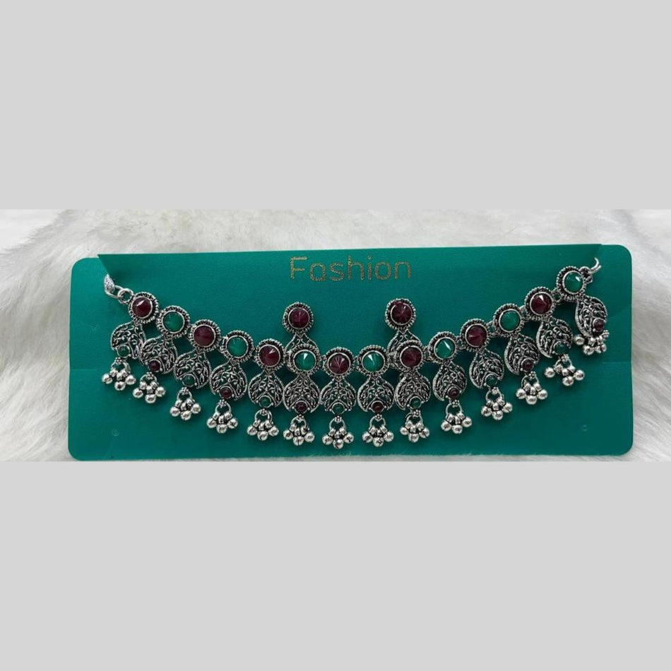 Oxidised Silver Pota Stone and Pearl Necklace Set | Bridal Jewellery India
